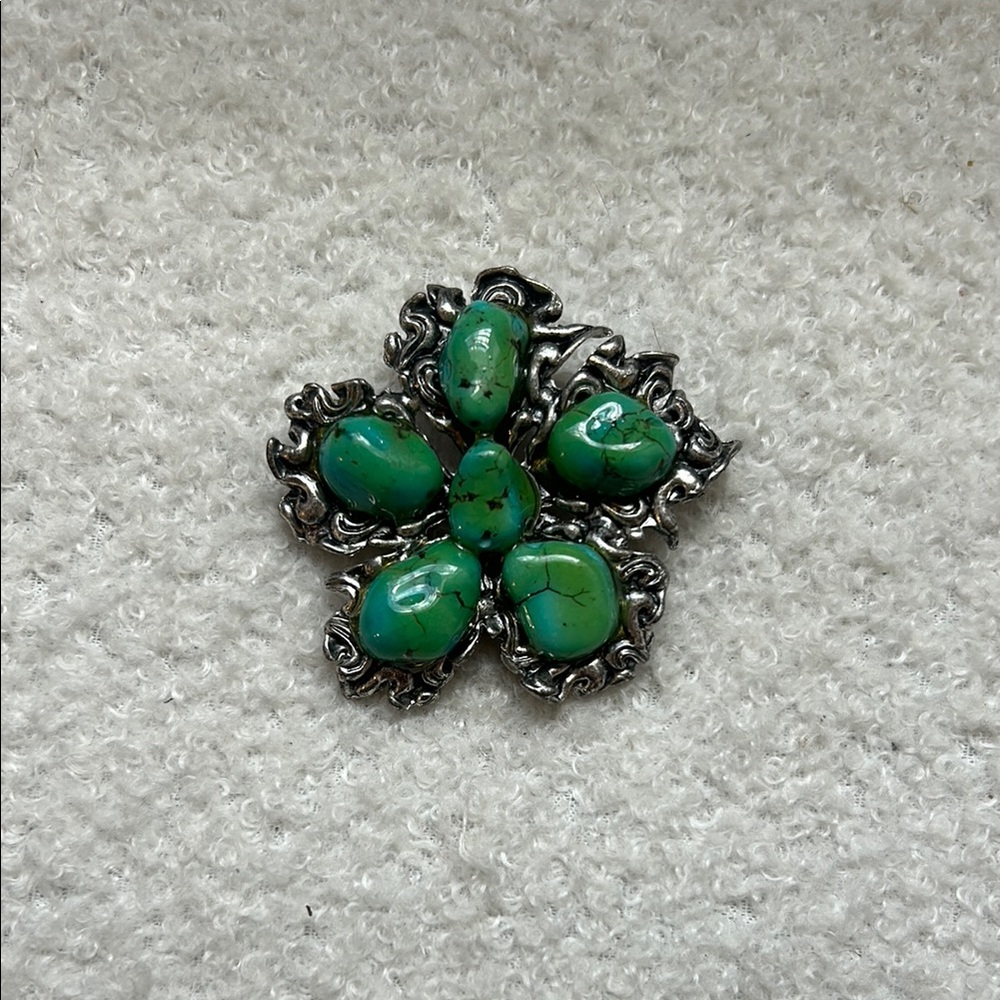 Silver and Green Floral Brooch